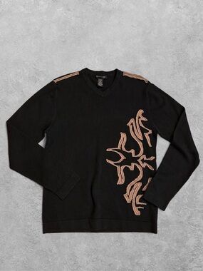 Kenneth Cole Black V-Neck Sweater with Brown Graphic Embroidery